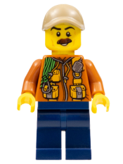 LEGO City Jungle Explorer - Dark Orange Jacket with Pouches, Dark Blue Legs, Dark Tan Cap with Hole, Reddish Brown Moustache minifigure