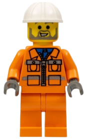 LEGO Construction Worker - Orange Zipper Jacket, Safety Stripes, Orange Legs, White Construction Helmet minifigure