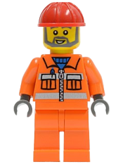 LEGO Construction Worker - Orange Zipper, Safety Stripes, Orange Arms, Orange Legs, Red Construction Helmet, Gray Angular Beard minifigure