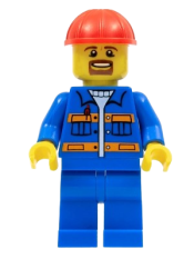 LEGO Blue Jacket with Pockets and Orange Stripes, Blue Legs, Red Construction Helmet, Brown Moustache and Goatee minifigure