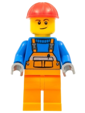 LEGO Overalls with Safety Stripe Orange, Orange Legs, Red Construction Helmet, Lopsided Smile minifigure