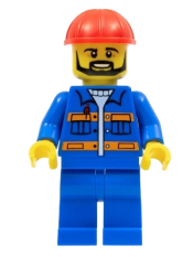 LEGO Blue Jacket with Pockets and Orange Stripes, Blue Legs, Red Construction Helmet, Black Angular Beard minifigure