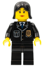 LEGO Police - City Suit with Blue Tie and Badge, Black Legs, Black Female Hair minifigure