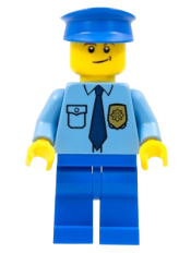 LEGO Police - City Shirt with Dark Blue Tie and Gold Badge, Blue Legs, Blue Police Hat, Crooked Smile minifigure