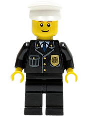 LEGO Police - City Suit with Blue Tie and Badge, Black Legs, White Hat, Brown Eyebrows, Thin Grin minifigure