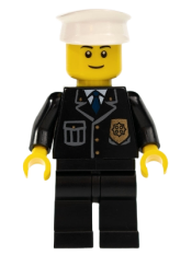 LEGO Police - City Suit with Blue Tie and Badge, Black Legs, White Hat, Black Eyebrows, Thin Grin minifigure