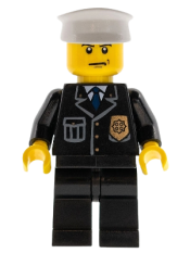 LEGO Police - City Suit with Blue Tie and Badge, Black Legs, Scowl, White Hat minifigure