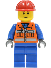 LEGO Construction Worker - Orange Zipper, Safety Stripes, Blue Arms, Blue Legs, Red Construction Helmet minifigure