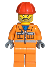 LEGO Construction Worker - Orange Zipper, Safety Stripes, Orange Arms, Orange Legs, Red Construction Helmet, Moustache and Stubble minifigure