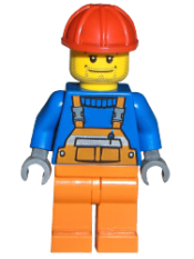 LEGO Overalls with Safety Stripe Orange, Orange Legs, Red Construction Helmet, Straight Smile minifigure