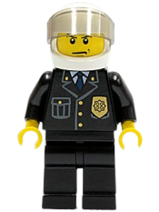 LEGO Police - City Suit with Blue Tie and Badge, Black Legs, White Helmet, Trans-Black Visor, Scowl minifigure
