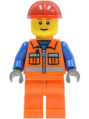 LEGO Construction Worker - Orange Zipper, Safety Stripes, Blue Arms, Orange Legs, Red Construction Helmet minifigure