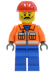 LEGO Construction Worker - Orange Zipper, Safety Stripes, Orange Arms, Blue Legs, Red Construction Helmet, Stubble minifigure
