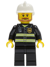 LEGO Fire - Reflective Stripes, Black Legs, White Fire Helmet, Brown Beard Angular minifigure