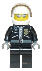 LEGO Police - City Leather Jacket with Gold Badge and 'POLICE' on Back, White Helmet, Trans-Black Visor, Silver Sunglasses minifigure