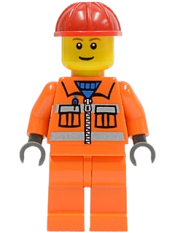 LEGO Construction Worker - Orange Zipper, Safety Stripes, Orange Arms, Orange Legs, Red Construction Helmet, Brown Eyebrows, Thin Grin minifigure