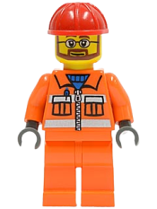 LEGO Construction Worker - Orange Zipper, Safety Stripes, Orange Arms, Orange Legs, Red Construction Helmet, Beard and Glasses minifigure