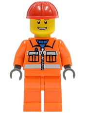 LEGO Construction Worker - Orange Zipper, Safety Stripes, Orange Arms, Orange Legs, Red Construction Helmet, Eyebrows, Thin Grin with Teeth minifigure