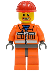 LEGO Construction Worker - Orange Zipper, Safety Stripes, Orange Arms, Orange Legs, Dark Bluish Gray Hips, Red Construction Helmet minifigure