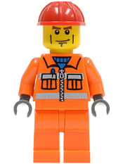 LEGO Construction Worker - Orange Zipper, Safety Stripes, Orange Arms, Orange Legs, Red Construction Helmet minifigure