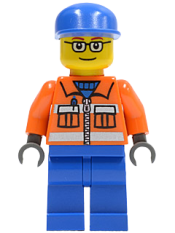 LEGO Ground Crew - Orange Zipper, Safety Stripes, Orange Arms, Blue Legs, Blue Cap, Glasses minifigure