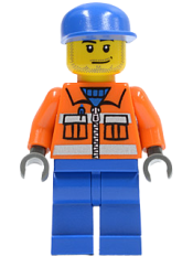 LEGO Ground Crew - Orange Zipper, Safety Stripes, Orange Arms, Blue Legs, Blue Cap, Smirk and Stubble Beard minifigure