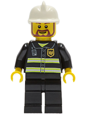 LEGO Fire - Reflective Stripes, Black Legs, White Fire Helmet, Brown Beard Rounded minifigure