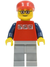 LEGO Red Shirt with 3 Silver Logos, Dark Blue Arms, Light Bluish Gray Legs, Glasses minifigure
