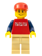 LEGO Red Shirt with 3 Silver Logos, Dark Blue Arms, Tan Legs, Messy Red Hair minifigure
