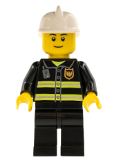 LEGO Fire - Reflective Stripes, Black Legs, White Fire Helmet, Black Eyebrows, Thin Grin, Yellow Hands minifigure