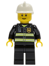 LEGO Fire - Reflective Stripes, Black Legs, White Fire Helmet, Reddish Brown Eyebrows, Thin Grin, Yellow Hands minifigure