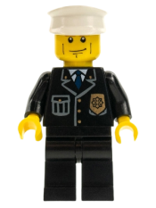 LEGO Police - City Suit with Blue Tie and Badge, Black Legs, Vertical Cheek Lines, Brown Eyebrows, White Hat minifigure