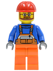 LEGO Overalls with Safety Stripe Orange, Orange Legs, Red Construction Helmet, Beard and Glasses minifigure