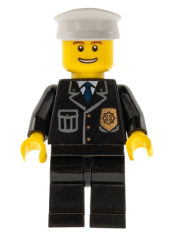 LEGO Police - City Suit with Blue Tie and Badge, Black Legs, Thin Grin with Teeth, White Hat minifigure