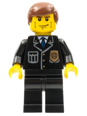 LEGO Police - City Suit with Blue Tie and Badge, Black Legs, Vertical Cheek Lines, Reddish Brown Hair minifigure