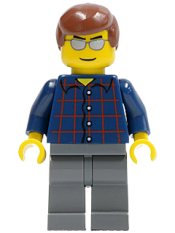 LEGO Plaid Button Shirt, Dark Bluish Gray Legs, Reddish Brown Male Hair, Silver Sunglasses minifigure