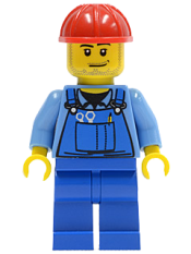 LEGO Overalls with Tools in Pocket Blue, Red Construction Helmet, Smirk and Stubble Beard minifigure