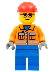 LEGO Construction Worker - Orange Zipper, Safety Stripes, Orange Arms, Blue Legs, Red Construction Helmet, Brown Eyebrows, Glasses minifigure