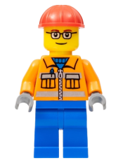 LEGO Construction Worker - Orange Zipper, Safety Stripes, Orange Arms, Blue Legs, Red Construction Helmet, Red Eyebrows, Glasses minifigure