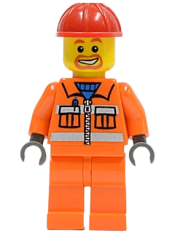 LEGO Construction Worker - Orange Zipper, Safety Stripes, Orange Arms, Orange Legs, Red Construction Helmet, Beard Around Mouth minifigure