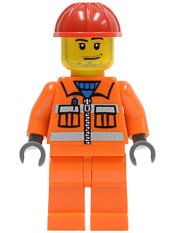 LEGO Construction Worker - Orange Zipper, Safety Stripes, Orange Arms, Orange Legs, Red Construction Helmet, Smirk and Stubble Beard minifigure