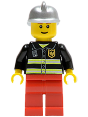 LEGO Fire - Reflective Stripes, Red Legs, Silver Fire Helmet, Brown Eyebrows, Thin Grin minifigure