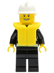 LEGO Fire - Reflective Stripes, Black Legs, White Fire Helmet, Thin Grin with Teeth, Life Jacket set