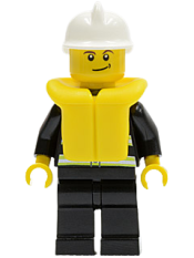 LEGO Fire - Reflective Stripes, Black Legs, White Fire Helmet, Crooked Smile, Life Jacket minifigure