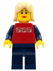 LEGO Red Shirt with 3 Silver Logos, Dark Blue Arms, Dark Blue Legs, Tan Female Hair minifigure