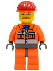 LEGO Construction Worker - Orange Zipper, Safety Stripes, Orange Arms, Orange Legs, Dark Bluish Gray Hips, Red Construction Helmet, Brown Moustache minifigure