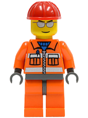 LEGO Construction Worker - Orange Zipper, Safety Stripes, Orange Arms, Orange Legs, Dark Bluish Gray Hips, Red Construction Helmet, Silver Sunglasses minifigure