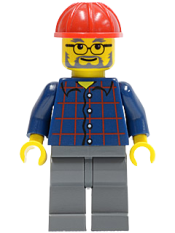 LEGO Plaid Button Shirt, Dark Bluish Gray Legs, Red Construction Helmet, Glasses, Gray Beard minifigure