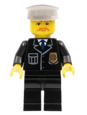 LEGO Police - City Suit with Blue Tie and Badge, Black Legs, Brown Moustache, White Hat minifigure