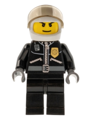 LEGO Police - City Leather Jacket with Gold Badge, White Helmet, Trans-Black Visor, Wide Smile minifigure